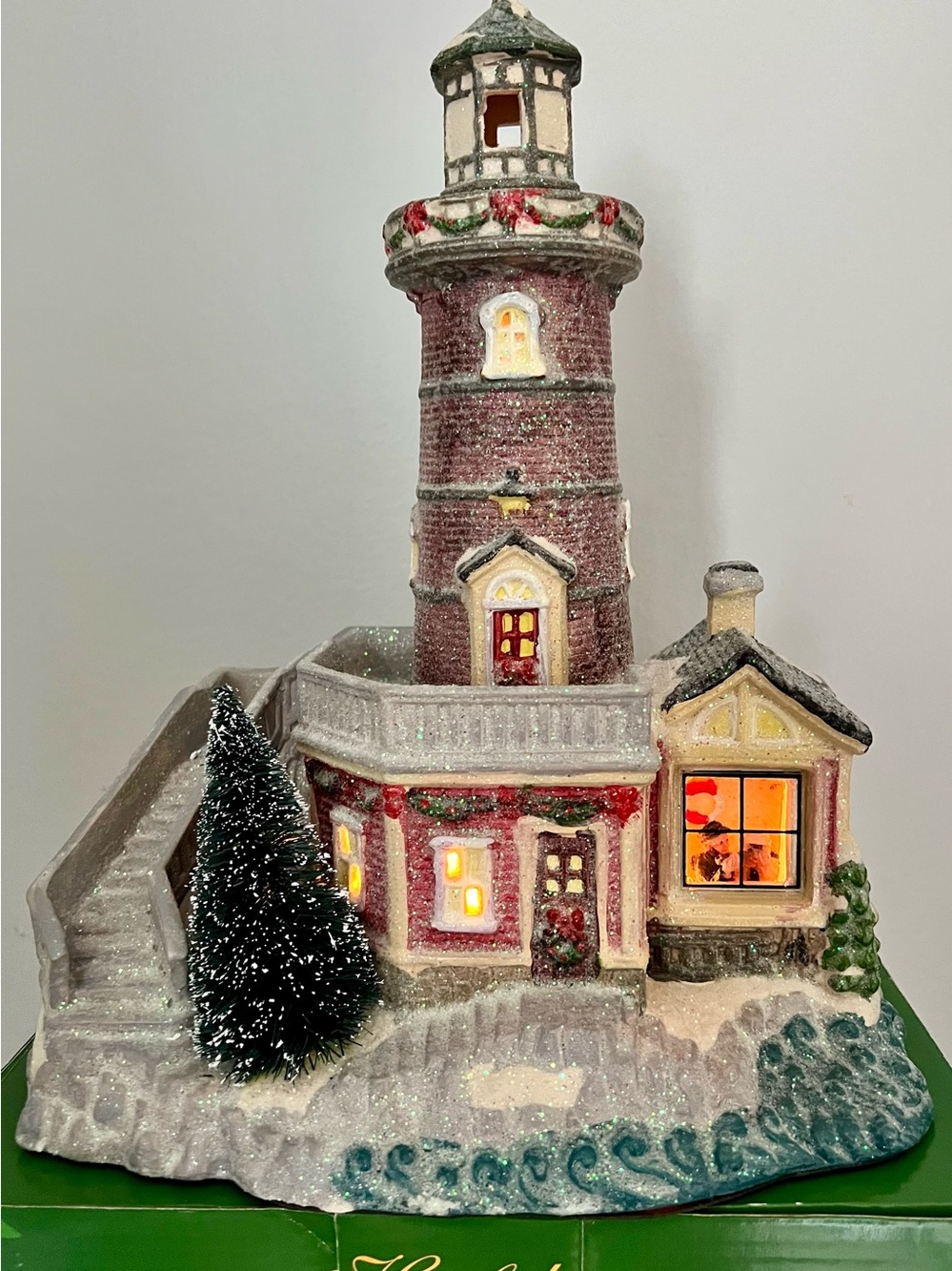 Holiday Lighted Porcelain Lighthouse/Keepers Figurine Glitter Finish Corded/Box
